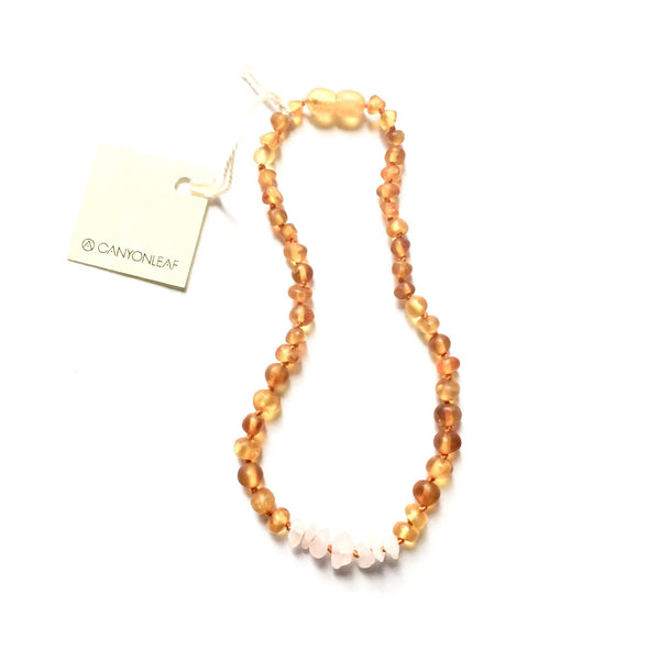 CanyonLeaf - Raw Amber + Raw Rose Quartz || Necklace 11"